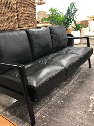 Reid Black Leather & Black Wood Frame Three Seater Sofa / Lounge - Contemporary Luxury