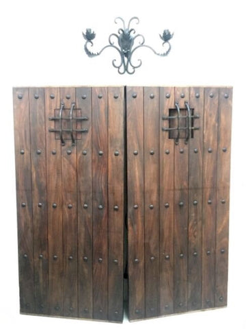 Pair Of Exterior Rustic Front Doors Sabino Mexican Wood & Hand Forged Iron Security Viewers