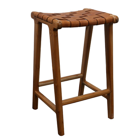 London Tan Leather & Teak Wood Counter Stool / Bar Stool