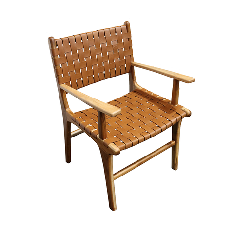 London Tan Leather & Teak Wood Carver Chair / Armchair