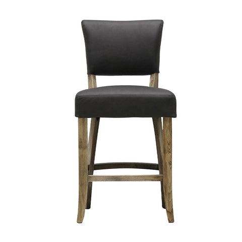 Modern Luxury Crane Oak & Black Italian Leather Studded Barstool Bar Stool