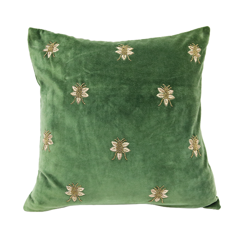Green Bumble Bee Embroidered Velvet Abstract Lounge / Chair Cushion 45cm
