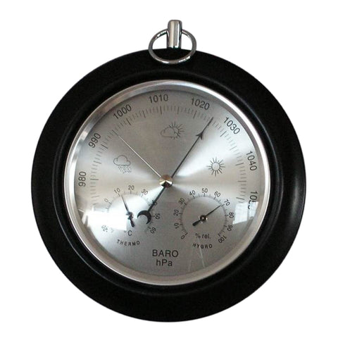 Round Barometer Black Wood Wall Hanging With Thermometer & Hygrometer Gauges