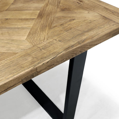 Cumbria Geometric Inlay Reclaimed Elm Wood & Iron Base Dining Table