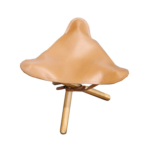 Tan Leather & Teak Wood Pellini Foldup Stool - Modern Chic