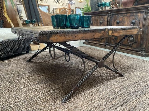 Coffee Table Hand Forged Iron Base & Reclaimed Rustic Wood Gate Table Top