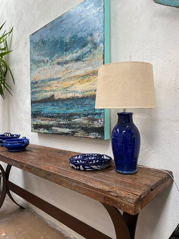 Mexican Ceramic Handmade Lamp Base With Linen Shade (Cobalt Blue)