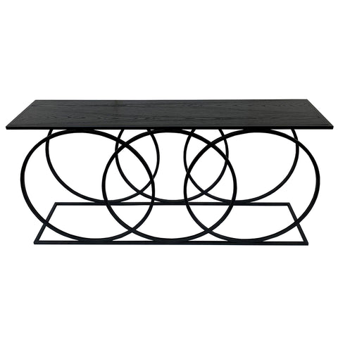 Circle Iron & Black Oak Wood Abstract Geometric Console Table