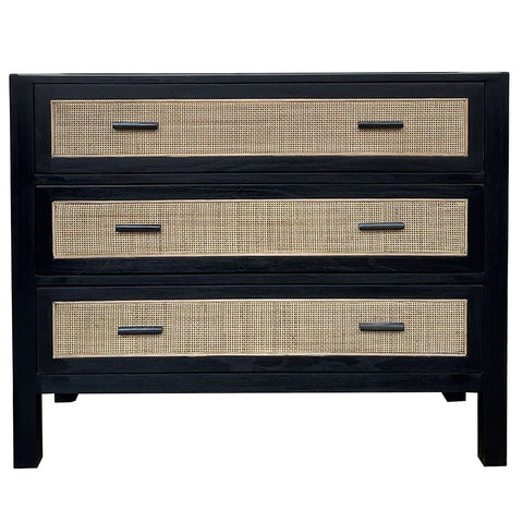 Lumsden Black Wood & Woven Rattan Commode / Bedside Table - Three Drawer