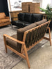 Brown Leather & Natural Wood Frame Contemporary Elegance Reid Two Seater Sofa / Lounge