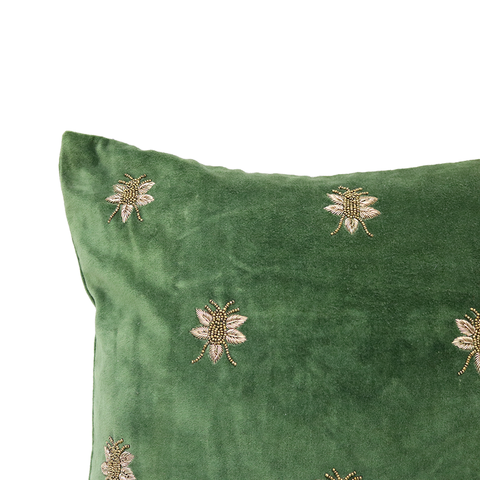 Green Bumble Bee Embroidered Velvet Abstract Lounge / Chair Cushion 45cm