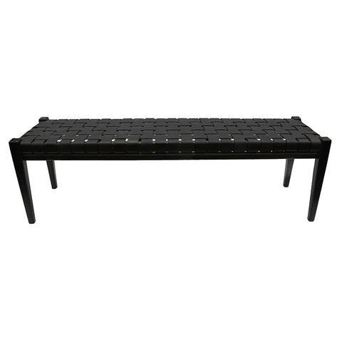 Rupert Black Leather & Teak Wood Bench Seat