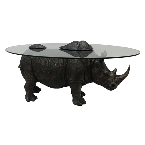 Modern Whimsical Rhino Side Table / Alcove Table With Glass Top