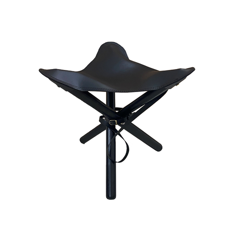 Black Leather & Teak Wood Pellini Foldup Stool - Modern Chic