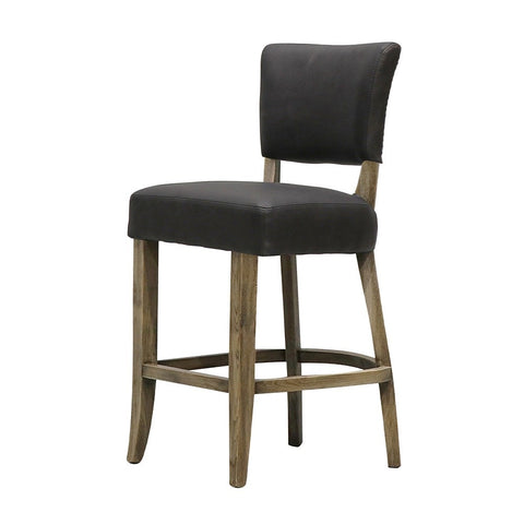 Modern Luxury Crane Oak & Black Italian Leather Studded Barstool Bar Stool