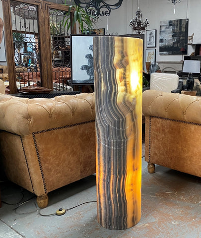 Ocre/ Grey Onyx Marble Handturned Floor Lamp - Exquisite Feature Piece & Ambient Lighting