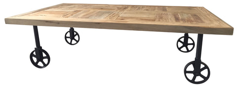 Industrial Chic Wood Coffee Table With Industrial Wheels