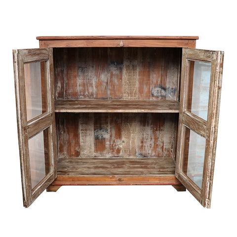 Rustic Original Wood & Glass 2 Door Display Cabinet Cupboard