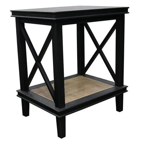 Antique Black Kelvin Wood & Woven Rattan Bedside Table / Side Table - French Country Chic
