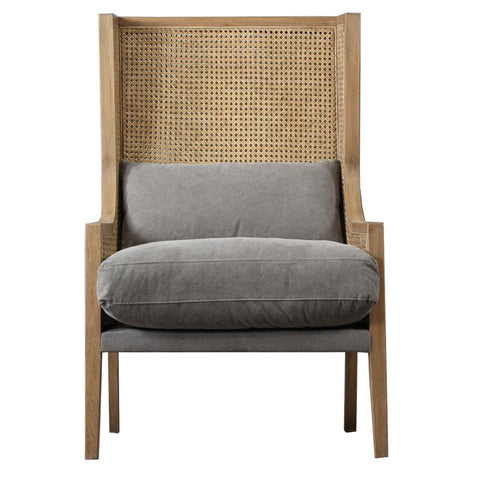 Exquisite Grand Luxury Mason Oak, Rattan & Linen Lounge Chair Armchair - Dark Grey