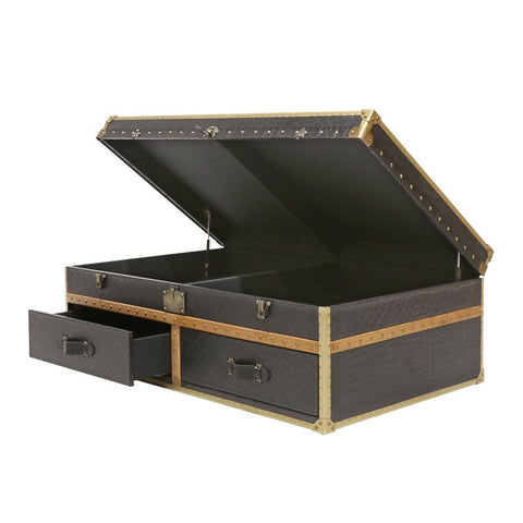 Bygone Voyager Steamer Trunk Coffee Table Black Aged Leather & Gold Hardware