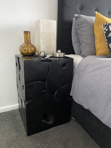 Boxed Shaped Black Solid Wood Side Table