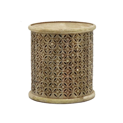 Bamileke Natural Mango Wood Side Table With Carved Lattice Detailing