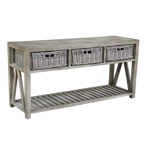 Nevada Old Grey Wood & Rattan French Country Chic Console Table With Storage Drawers