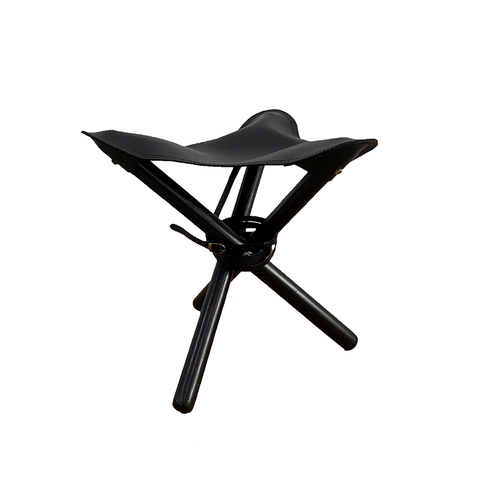 Black Leather & Teak Wood Pellini Foldup Stool - Modern Chic