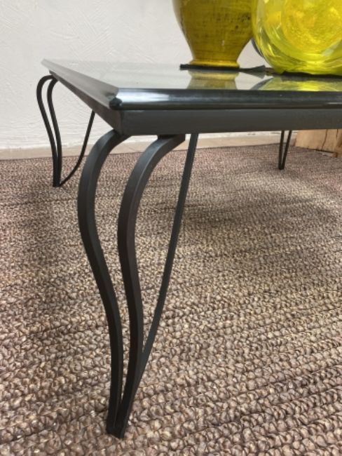Black wrought iron coffee table with glass top deals
