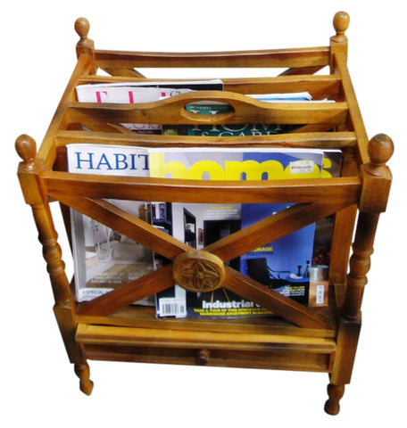 Tan Wood Magazine Rack With Small Drawer - Perfect For Villas & French Chic Homes