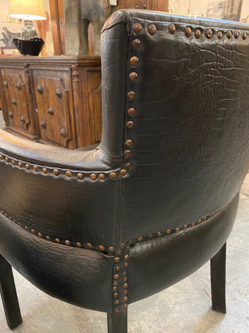 Black Full Grain Leather Tub Chair / Occasional Chair - Crocodile Effect