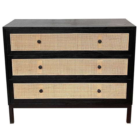 Cardrona Black Rattan Patterned Three Drawer Commode Bedside Table Side Table
