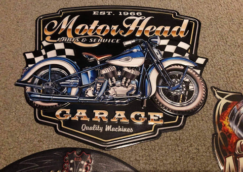 Motor Head Motorcycle Garage Quality Embossed Wall Art Sign