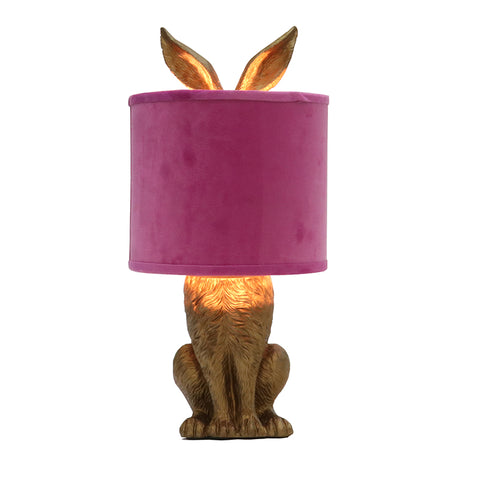 Adorable & Quirky Gold Rabbit Bunny Table Lamp Pink Shade