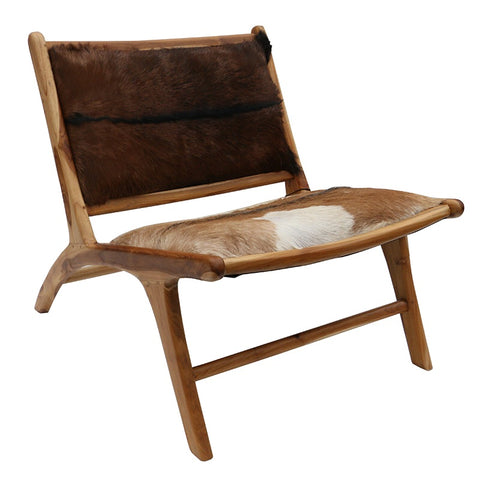 London Brown Goat Hide & Teak Wood Lazy Lounge Chair