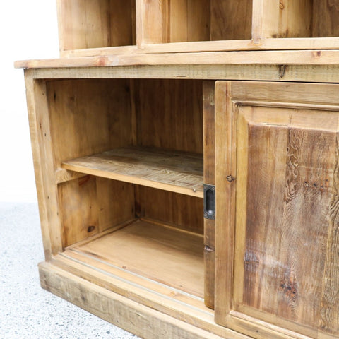 Cuba Reclaimed Pine Hutch Dresser / Sideboard Bookcase With Sliding Cupboard Doors