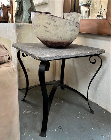 Cantera Stone Side Table With Black Handforged Iron Base