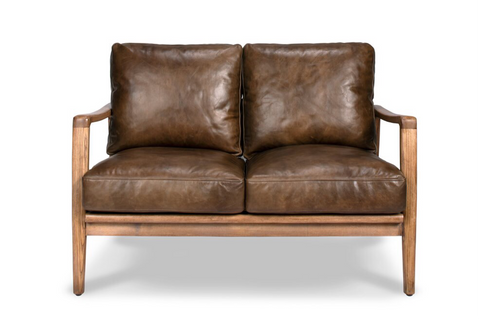Brown Leather & Natural Wood Frame Contemporary Elegance Reid Two Seater Sofa / Lounge