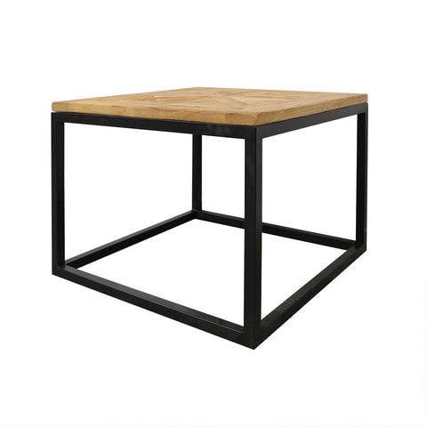 Cumbria Geometric Inlay Reclaimed Elm Wood & Iron Base Side Table