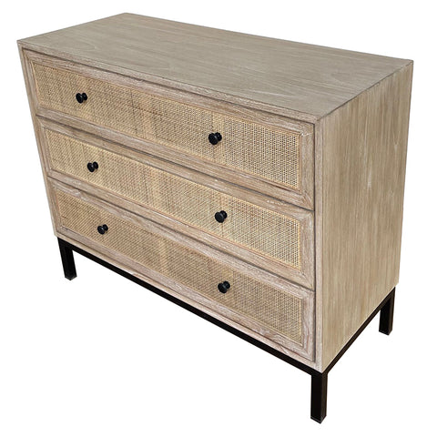Cardrona White Rattan Patterned Three Drawer Commode Bedside Table Side Table