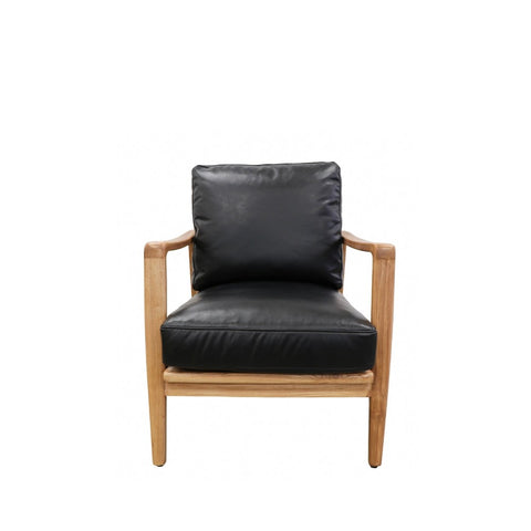 Black Leather & Natural Wood Frame Reid Contemporary Elegance Sofa / Lounge Armchair