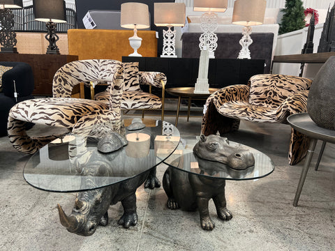 Modern Whimsical Hippo Side Table / Alcove Table With Glass Top