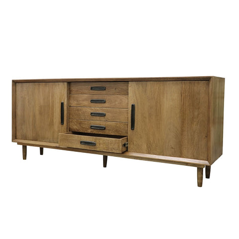 Miley Sideboard Handcrafted Modern Mangowood - 2 Doors With Shelves & 5 Drawers