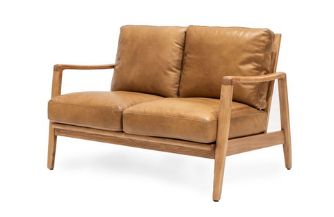 Tan Leather & Natural Wood Frame Contemporary Elegance Reid Two Seater Sofa / Lounge