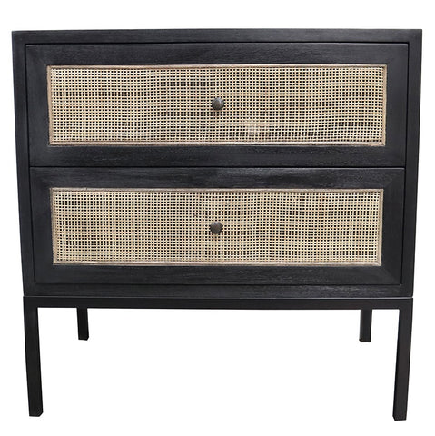 Cardrona Black Rattan Patterned Two Drawer Bedside Table Side Table