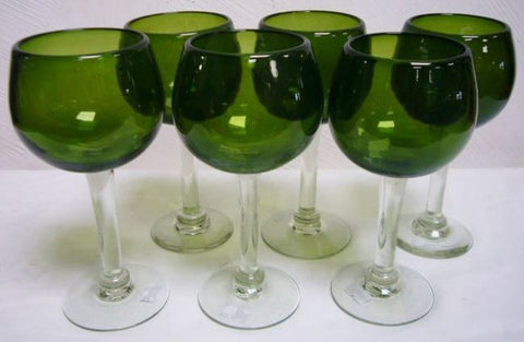 Handblown Solid Mexican Glass Red Wine Goblets - Set of 6 (Olive Colour)