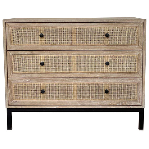 Cardrona White Rattan Patterned Three Drawer Commode Bedside Table Side Table