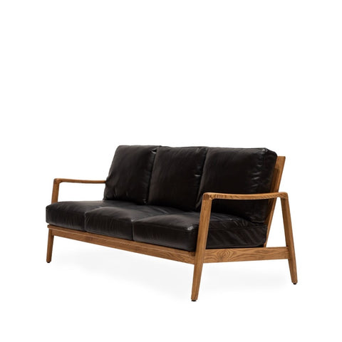 Contemporary Elegance Reid Black Leather & Natural Wood Frame Three Seater Sofa / Lounge