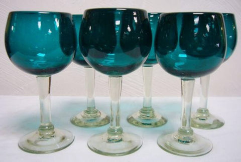 Handblown Solid Mexican Glass Red Wine Goblets - Set of 6 (Teal Green Colour)